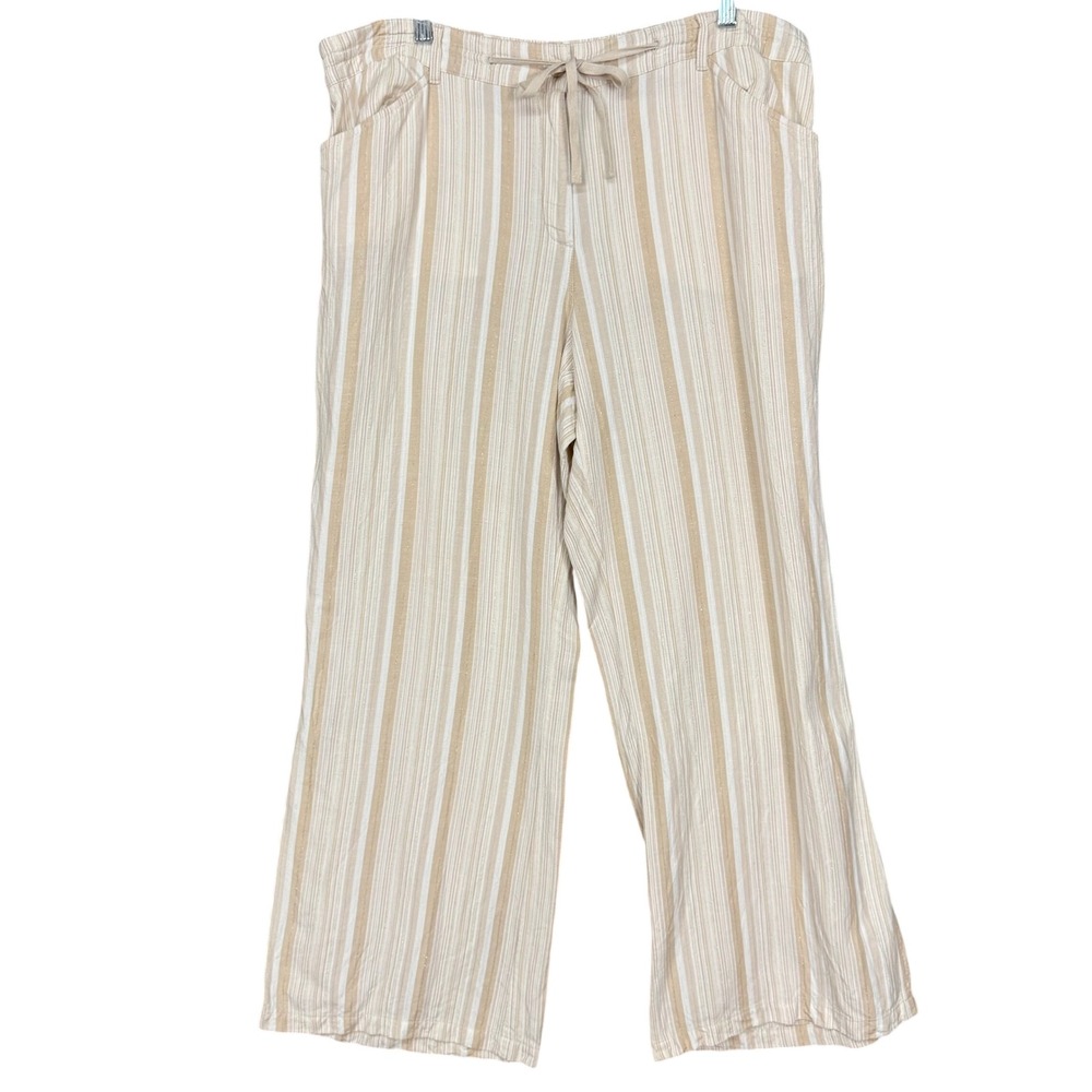 Lane Bryant Wide Leg Pants Womens 18/20‎ Beige Striped Linen Blend Drawstring